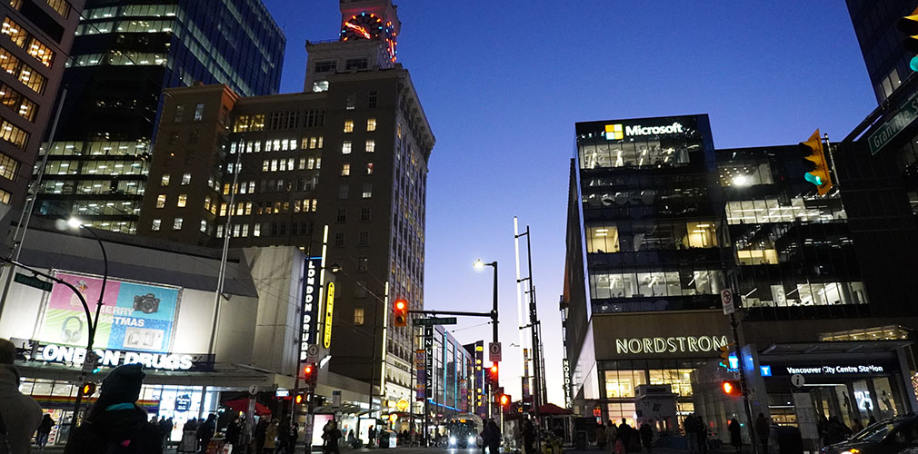 nighttime shot of downtown Vancouver